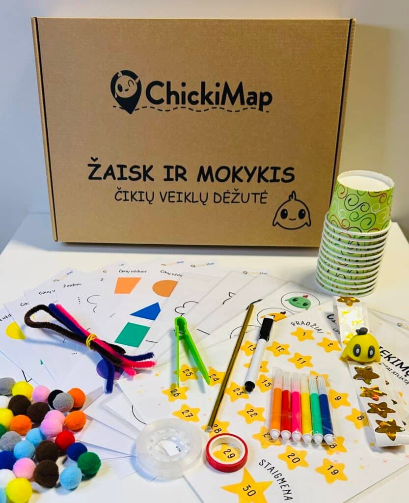 Čikių veiklų dėžutė su visomis priemonėmis, skirtoms vaikams mokytis su tėvelių pagalba