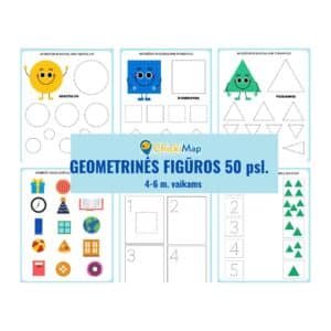 Geometrinės figūros vaikams - mokomosios spalvinimo ir kirpimo užduotys (PDF)
