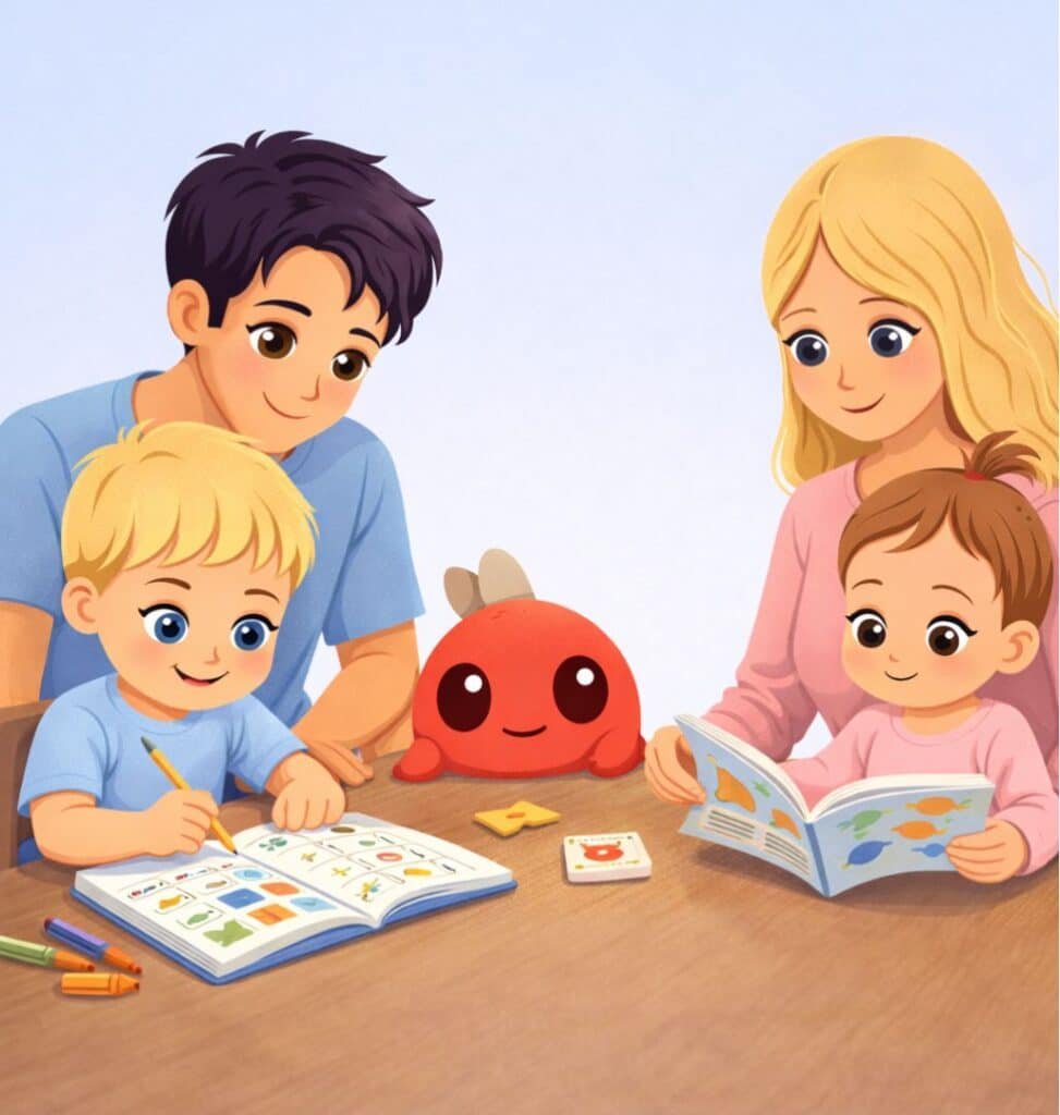 Tėtis ir mama su vaikais mokosi iš Čikių veiklų dėžutės