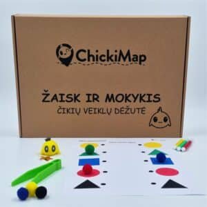 čikių veiklų dėžutė ir užduoties lapas su figuromis kuriame yra dar priemonės